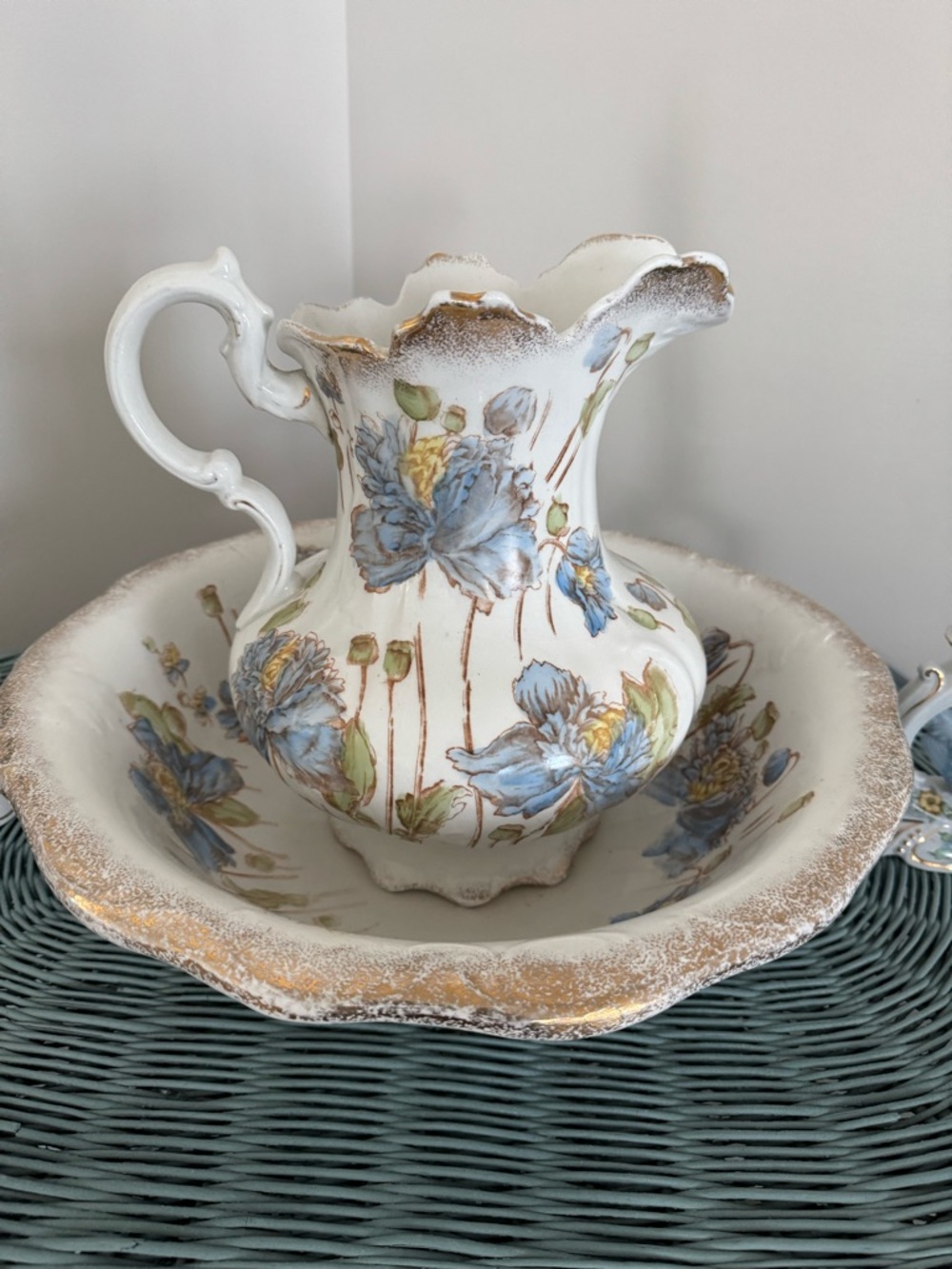 Antique W.M.& Co. Wash Basin & Pitcher Blue Poppies & Sponge Gold Guilded